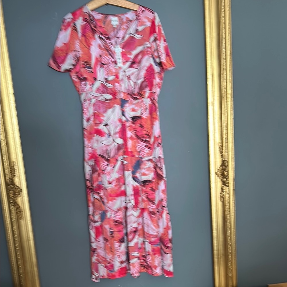 NIC+ZOE Pink and Red Flutter Sleeve Wrap Midi Dress